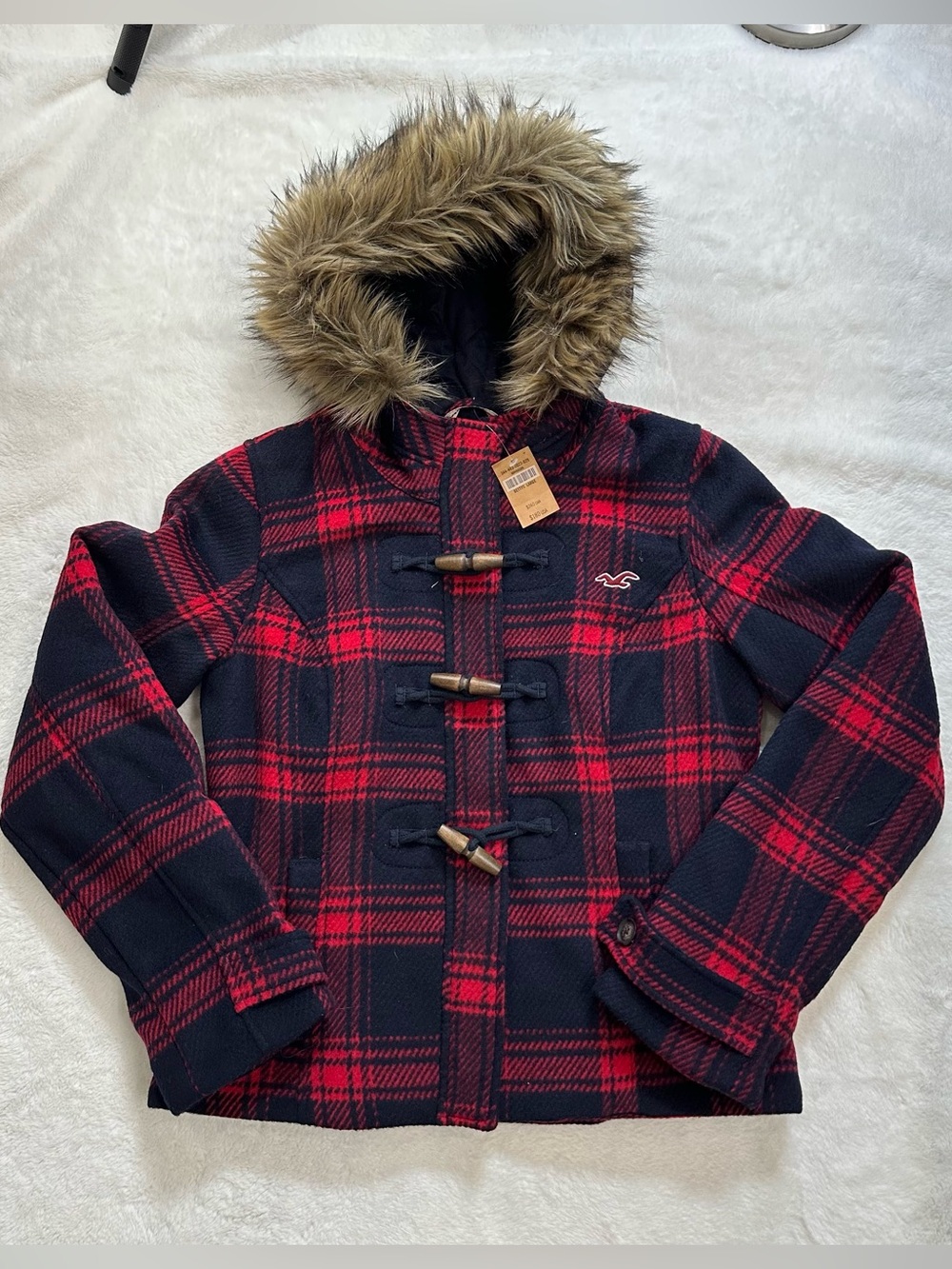 NWT Vintage Y2K Hollister Oceanside Plaid Toggle Coat Faux Fur Hood L